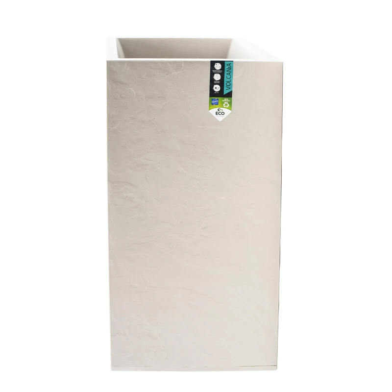 EDA - High Volcania Square Flower Box 31 L - Imitation Stone Decor - Double Wall - Water Retention Area - 39.5 x 39.5 x 80 cm - Beige Limestone