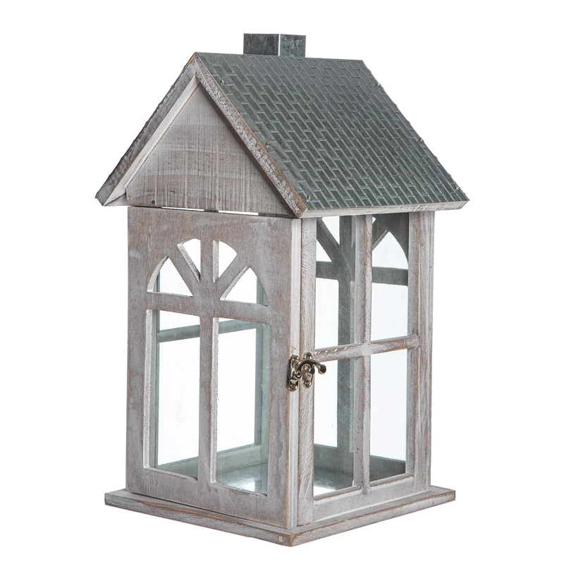 GILDE Branco Glass Lantern - Wood and Metal - House Shape - Height 39 cm - Silver and White