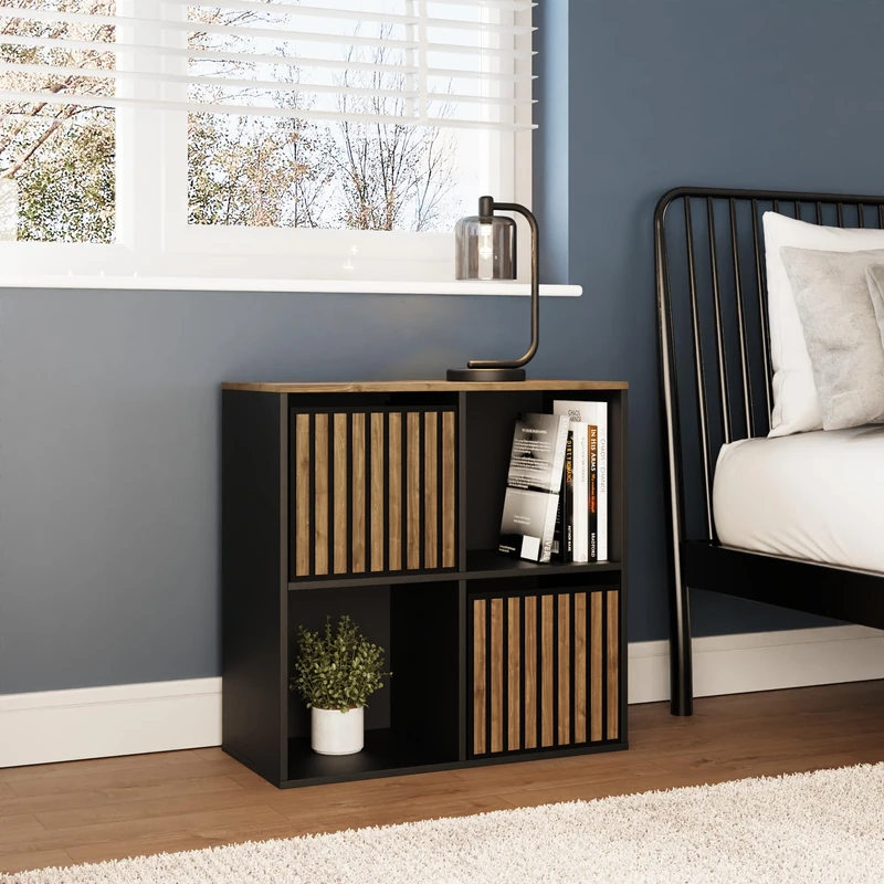 GFW Kube Cube Storage Unit with Open & Hidden Storage, Black & Walnut Effect Shelving Unit for Living Room, Bedroom or Office - Image 1