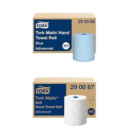 Tork Matic Paper Hand Towels 290068, Blue - 6 Rolls x 150m & Tork Matic Soft Paper Hand Towels White with Grey Leaf 290067-6 Rolls x 150 m I H1 Hand Towel Bundle