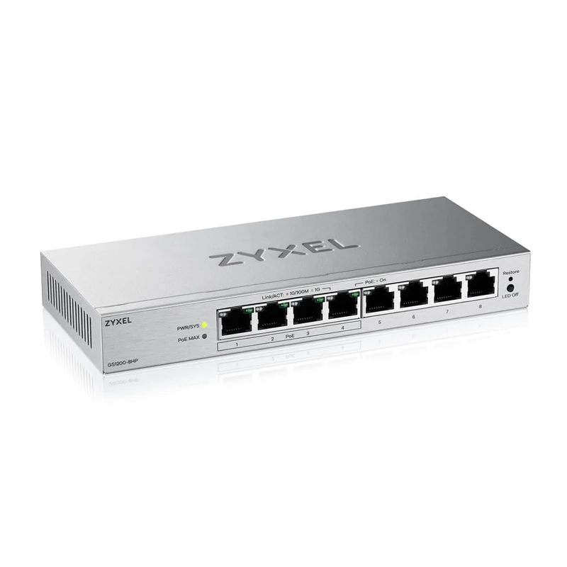 Zyxel 8-Port PoE Switch | Web Managed Gigabit Ethernet Network | 4x PoE+ Ports with 68W Budget | QoS, Link Aggregation, VLAN, IGMP Snooping | Fanless | Desktop [GS1200-8HPv3]