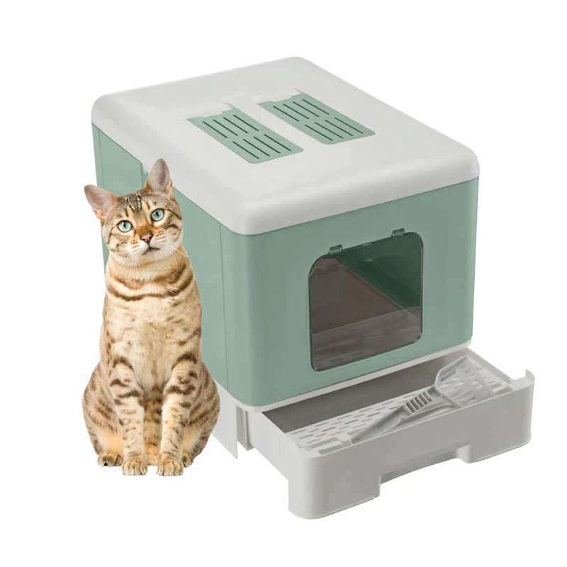 Ferplast Closed Cat Litter Box with Removable Drawer, Double Activated Carbon Filter, Scoop and Brush, Paw Cleaning Grid L 39 x W 52 x H 40 cm Green
