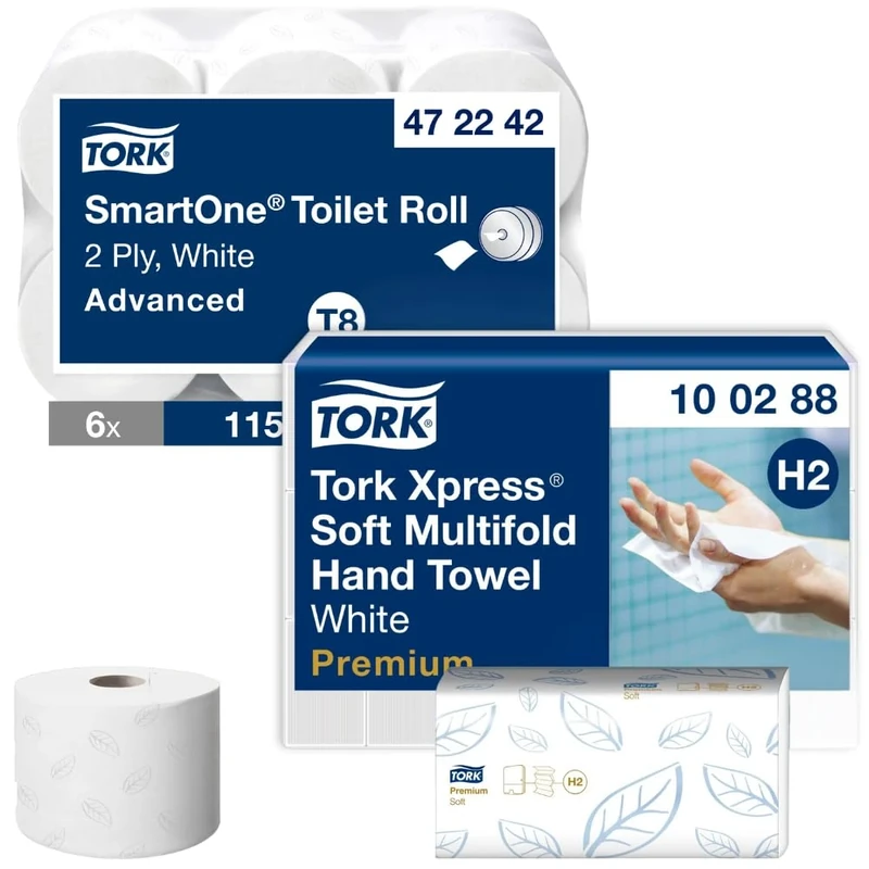 Tork SmartOne Toilet Roll 472242, white, T8-6 x 1150 Sheets & Tork Xpress Soft Multifold Hand Towels Premium Mfold 100288, white - 21 x 110 Sheets - SmartOne Xpress Towels Bundle