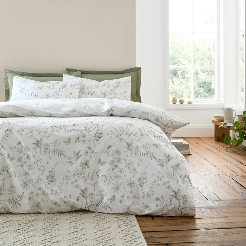 Bianca Thea Floral 200 Thread Count Cotton Reversible King Duvet Cover Set with Pillowcases Green