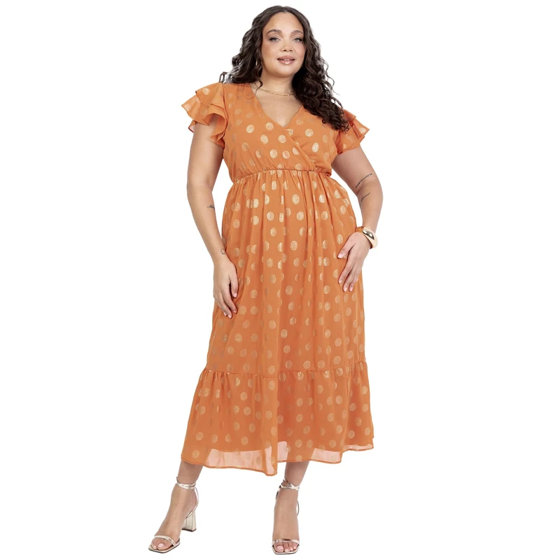 Lovedrobe Womens Midaxi Wrap Dress Orange Foil Print V-Neck Flutter Sleeve A-Line Summer Party Dress High Waist Flowy Occasion Outfit Size 22