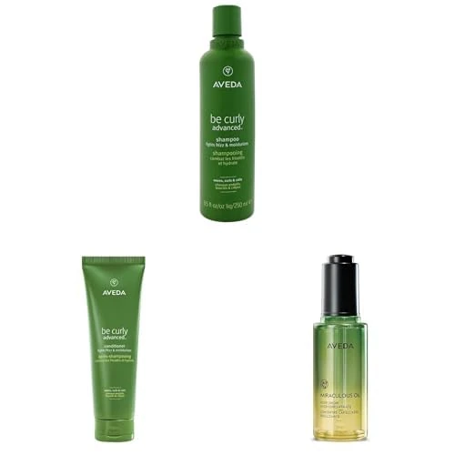 Bundle of Be Curly Advanced Shampoo | Moisturising Shampoo, 250ml + Aveda Be Curly Advanced Conditioner, 250ml + Aveda Miraculous Oil High-Shine Hair Concentrate, 50ml