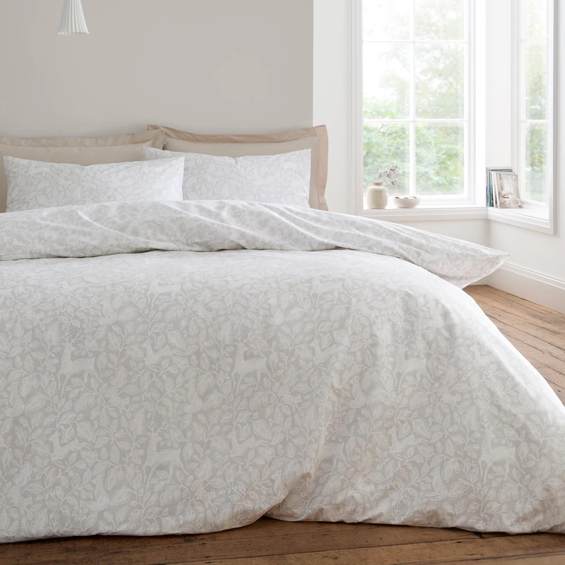 Bianca Woodland 200 Thread Count Cotton Reversible Double Duvet Cover Set with Pillowcases Natural - Image 1