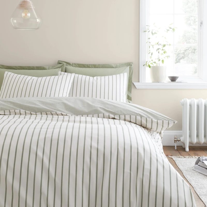 Bianca Hampton Stripe 200 Thread Count Cotton Reversible Double Duvet Cover Set with Pillowcases Green