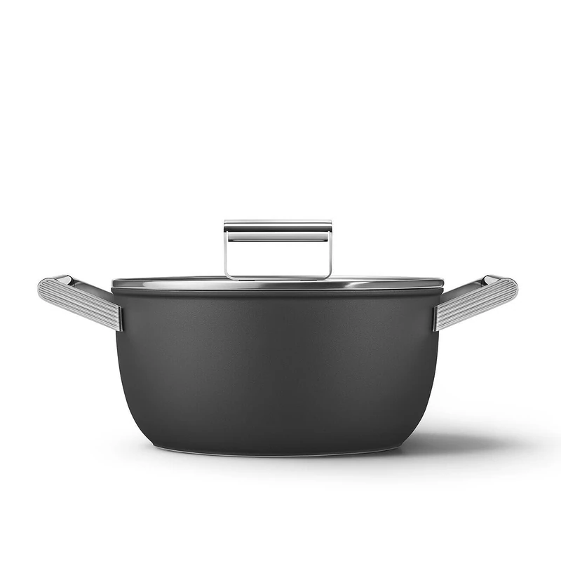 Smeg 50’s Style Non-Stick Casserole Dish, Suitable for All Cooktops, Oven Proof, Tempered Glass Lid, Stainless Steel Handles, Made in Italy, 24cm, Matte Black, CSF2412BLM - Image 1