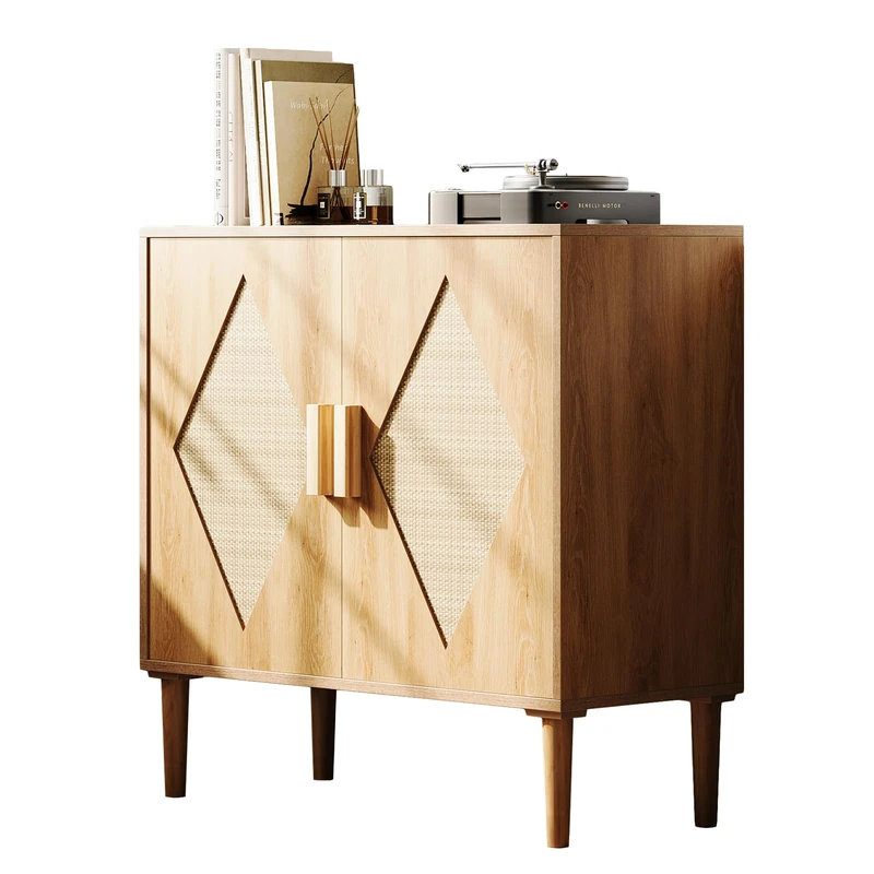 Garvee Rattan Kitchen Sideboard, Bohemian Canage Furniture with Woven Rattan Doors, Adjustable Shelf, Storage Space, for Dining Room, Bathroom - Image 1