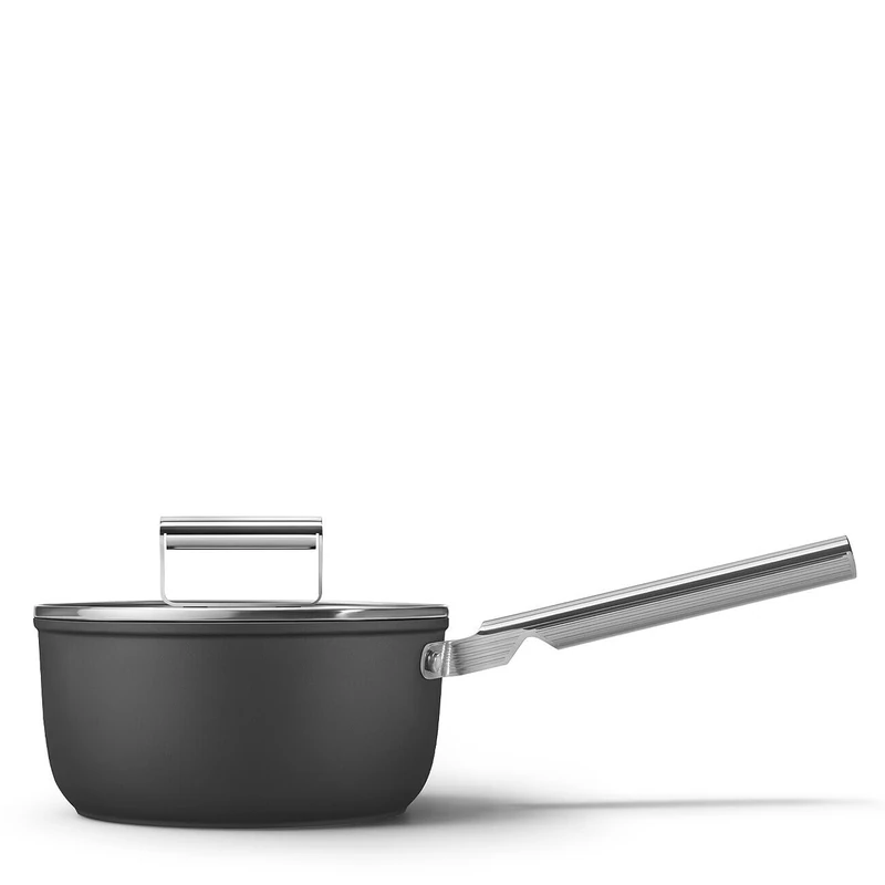 Smeg 50’s Style Non-Stick Saucepan, Suitable for All Cooktops, Oven Proof, Tempered Glass Lid, Made in Italy, 20cm, Matte Black, SPF2012BLM