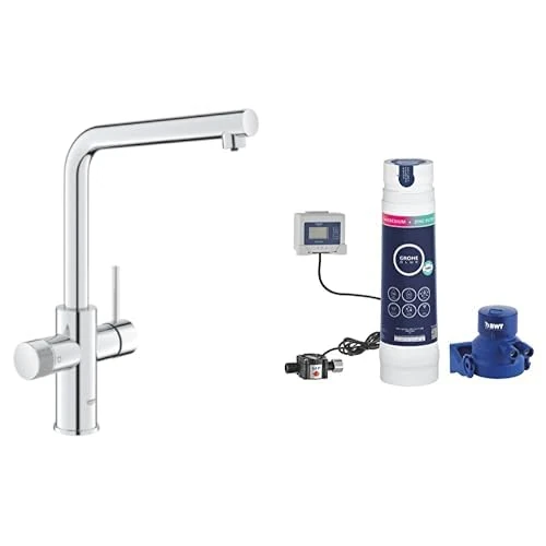 GROHE Blue Pure Minta – 3 Way Water Filter Tap (High L-Spout, Swivel Area 150°, Dedicated Filter Handle, 28mm Ceramic Cartridge, 3/8 Inch Tails, with Magnesium & Zinc Filter Starter Set), Chrome