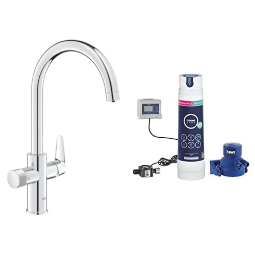 GROHE Blue Pure BauCurve – 3 Way Water Filter Tap (High C-Spout, Swivel Area 150°, Dedicated Filter Handle, 28mm Ceramic Cartridge, 3/8 Inch Tails, with Magnesium & Zinc Filter Starter Set), Chrome