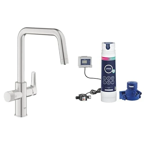 GROHE Blue Pure Eurosmart 3 Way Water Filter Tap (High U-Spout, Swivel Area 150°, Dedicated Filter Handle, 28mm Ceramic Cartridge, 3/8 Inch Tails, with Magnesium & Zinc Filter Starter Set), Supersteel