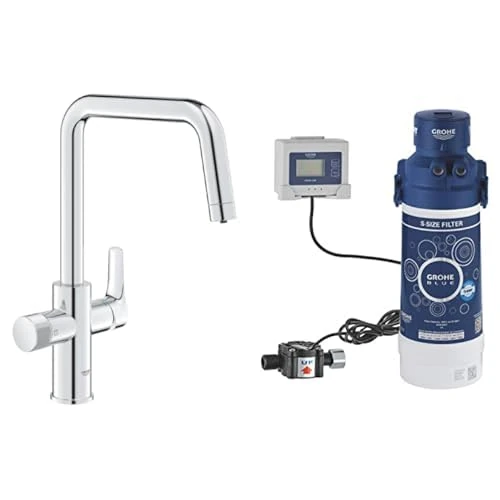 GROHE Blue Pure Eurosmart – 3 Way Water Filter Tap (High U-Spout, Swivel Area 150°, Dedicated Filter Handle, 28mm Ceramic Cartridge, 3/8 Inch Tails, with Hard Water Filter Starter Set), Chrome