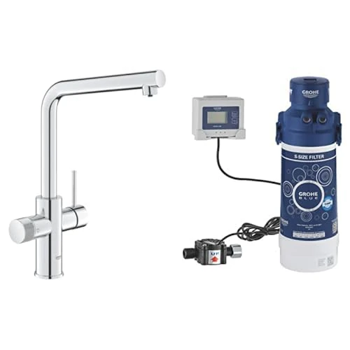 GROHE Blue Pure Minta – 3 Way Water Filter Tap (High L-Spout, Swivel Area 150°, Dedicated Filter Handle, 28mm Ceramic Cartridge, 3/8 Inch Tails, with Hard Water Filter Starter Set), Chrome