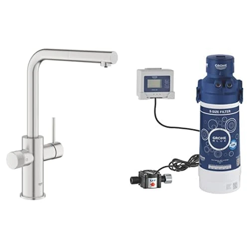 GROHE Blue Pure Minta – 3 Way Pull Out Water Filter Tap (L-Spout, Swivel Area 360°, Dedicated Filter Handle, 28mm Ceramic Cartridge, 3/8 Inch Tails, with Hard Water Filter Starter Set), Supersteel