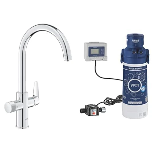 GROHE Blue Pure BauCurve – 3 Way Water Filter Tap (High C-Spout, Swivel Area 150°, Dedicated Filter Handle, 28mm Ceramic Cartridge, 3/8 Inch Tails, with Hard Water Filter Starter Set), Chrome