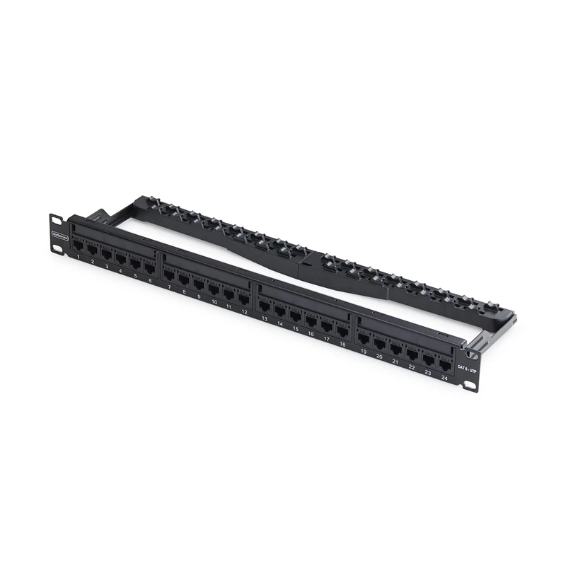 StarTech 24 Port 1U Feed Through Patch Panel with Cable Management Bar, Rackmount Cat6 Ethernet Patch Panel with RJ45 UTP Inline Couplers