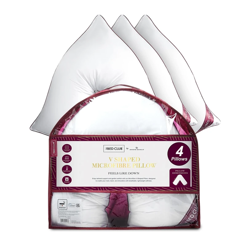 GC GAVENO CAVAILIA V Shape Pillow 4 Pack - Soft & Supportive Orthopaedic Pillows with Microfiber Filling - 36cm Deep Comfort Cushion for Back & Neck Support at Home and Hotel Pillow -(75x40cm), White