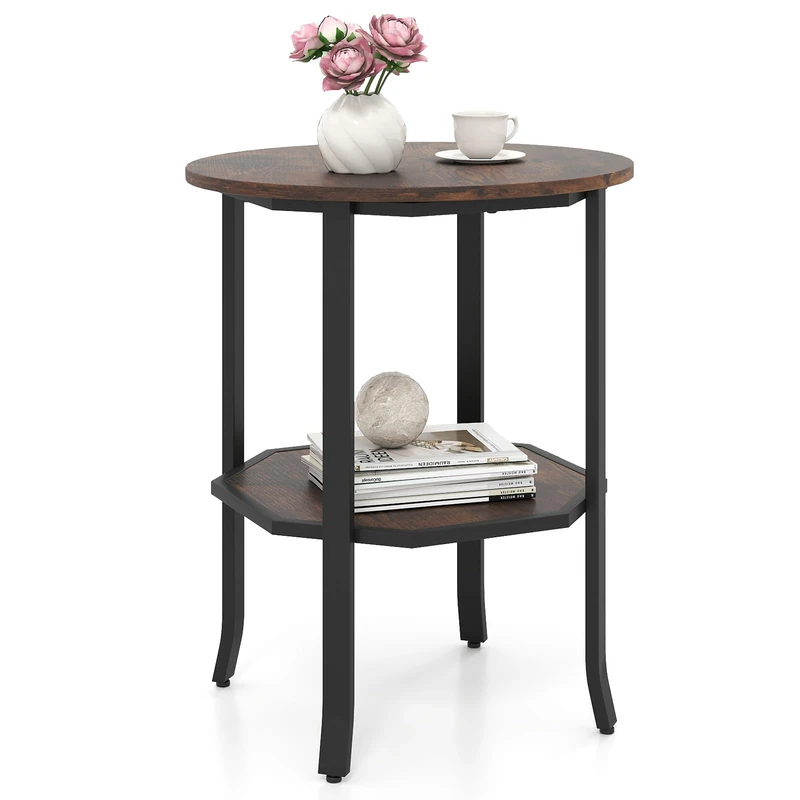 FANTASK Industrial 2-Tier Side Table - Dark Brown Round End Table