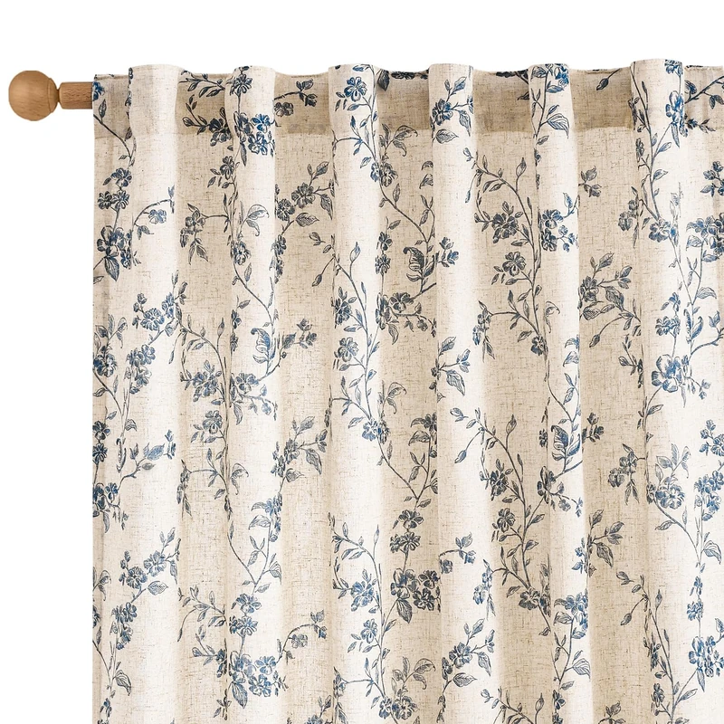Lazzzy Farmhouse Linen Curtains Extra Long Blue Floral Curtains 108 Inch Long Back Tab Drapes for Living Room Bedroom Light Filtering Country Vintage Rod Pocket, 2 Panels, Blue on Beige