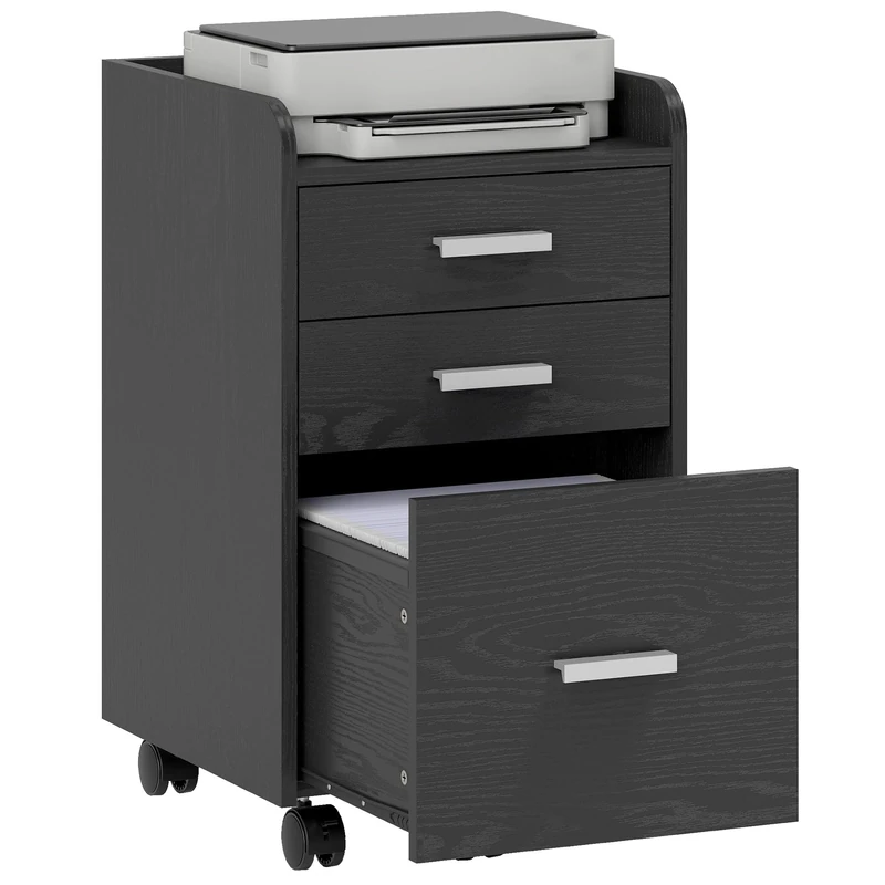 HOMCOM 3 Drawer Filing Cabinet, Rolling Under Desk Drawers with Edged Top for Letter, A4 Size, Hanging File Folders for Home Office, Black