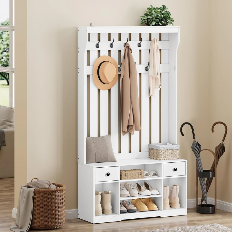 YITAHOME Coat Stand, Coat Rack with Shoe Bench, 100x35x180cm Narrow Hall Tree with 9 Hooks & 2 Removable Fabric Drawer, Hallway Storage Unit, Shoe and Coat Rack for Entryway, Living Room, White