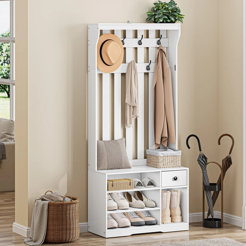 YITAHOME Coat Stand, Coat Rack with Shoe Bench, 80x35x180cm Narrow Hall Tree with 7 Hooks & Removable Fabric Drawer, Hallway Storage Unit, Shoe and Coat Rack for Entryway, Living Room, White