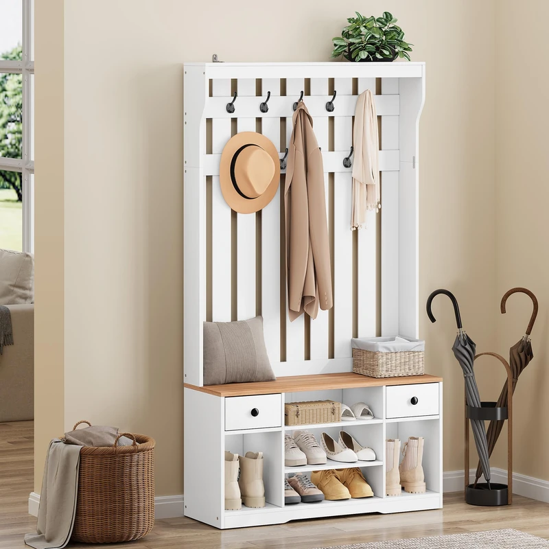 YITAHOME Coat Stand, Coat Rack with Shoe Bench, 100x35x180cm Hall Tree with 9 Hooks & 2 Removable Fabric Drawer, Hallway Storage Unit, Shoe and Coat Rack for Entryway, Living Room, Wood Grain White