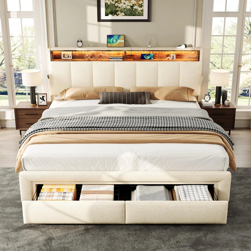 Ball & Cast 5ft King Size Ottoman Bed with Hydraulic Lift&Drawers&LED Adjustable Concealed Storage Headboard, Linen Functional Upholstered Bed Frame with Charging Station, No Mattress, Beige