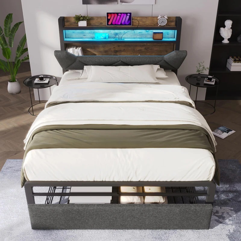 Ball & Cast Single bed frame, Single Storage Bed with Storage Headboard and Drawer, LED Lighting, USB Type-C Charging Function, Metal Slatted Frame, for adults&teenagers(No Mattress), Grey/90CM*190CM