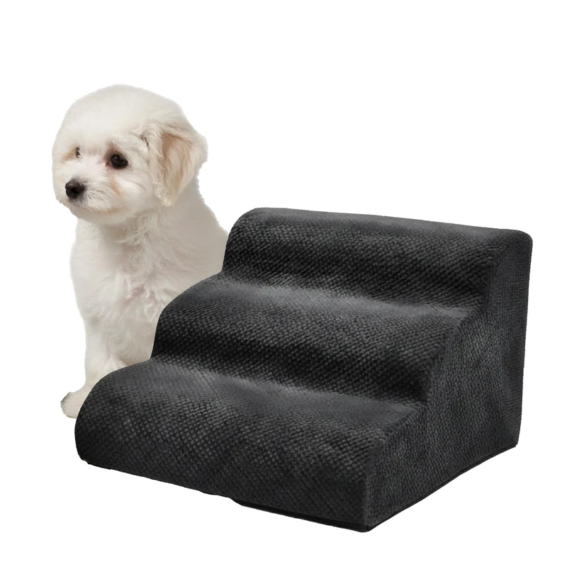 Relaxdays Dog Stairs, 3 Steps, Non-Slip, Removable Cover, Fits Bed & Sofa, 35x56x35 cm, Black