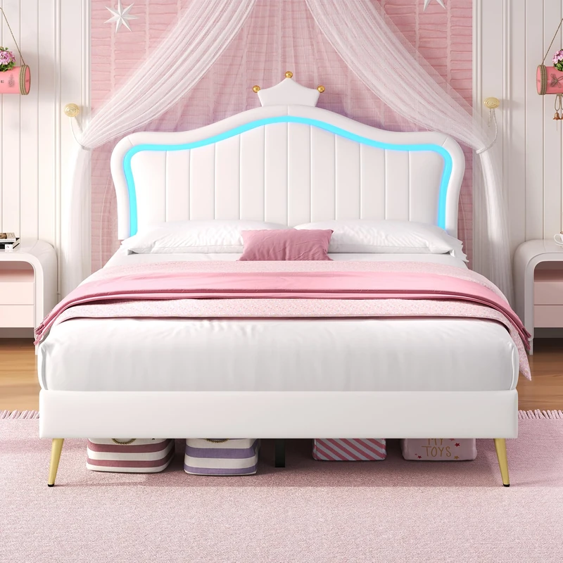 Ball & Cast 4ft6 Double Bed Frame, Girls Upholstered Bed with LED Adjustable Crown Shape Headboard, Solid Wood Slat, Easy Assembly, PU Leather, Cream White, 135x190 cm (No Mattress)