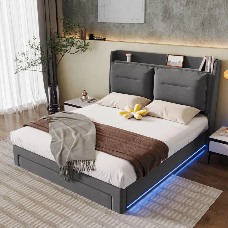 Ball & Cast Upholstered Double Bed Frame, 4FT6 Ottoman Bed Double with 2-in-1 Storage Drawers, Hydraulic Double Bed with Recessed LED Light Strips, Slatted Frame, Velvet, Dark Grey, 135x190cm