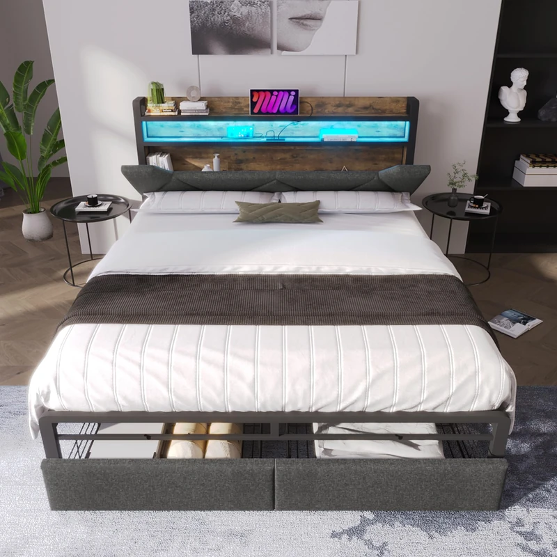 Ball & Cast Double bed frame, double Storage Bed with Storage Headboard and 2 Drawers, LED Lighting, USB Type-C Charging Function, Metal Slatted Frame,No Mattress,135x190cm,Grey