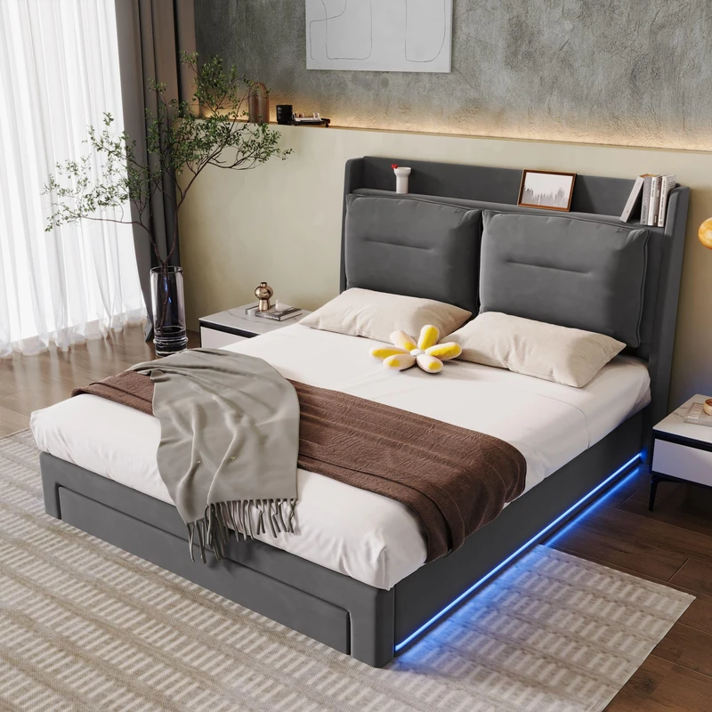 Ball & Cast 150 * 200(5ft) King Size Upholstered bed, 2-in-1 storage drawers at the end of the bed, recessed LED light strips on both sides of the bed, Velvet,Dark gray
