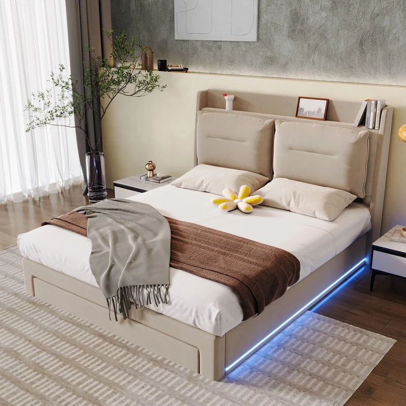 Ball & Cast 150 * 200(5ft) King Size Upholstered bed, 2-in-1 storage drawers at the end of the bed, recessed LED light strips on both sides of the bed, slatted frame, Velvet,Beige