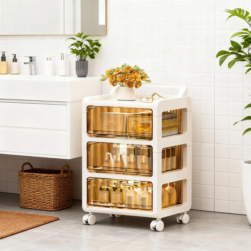 GarveeHome Plastic Drawer Cabinet with Wheels, 3-Tier Rolling Cart Bedroom Bedside Cabinet with Wheels, 33 x 38 x 71 cm Mobile Storage Cabinet on Wheels for Home and Office, Kitchen