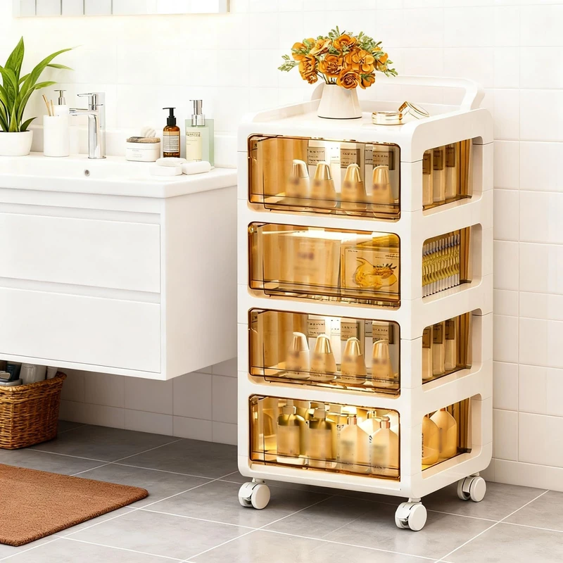 GarveeHome Plastic Drawer Cabinet with Wheels, 4-Tier Rolling Cart Bedroom Bedside Cabinet with Wheels, 33 x 38 x 91 cm Mobile Storage Cabinet on Wheels for Home and Office, Kitchen - Image 1