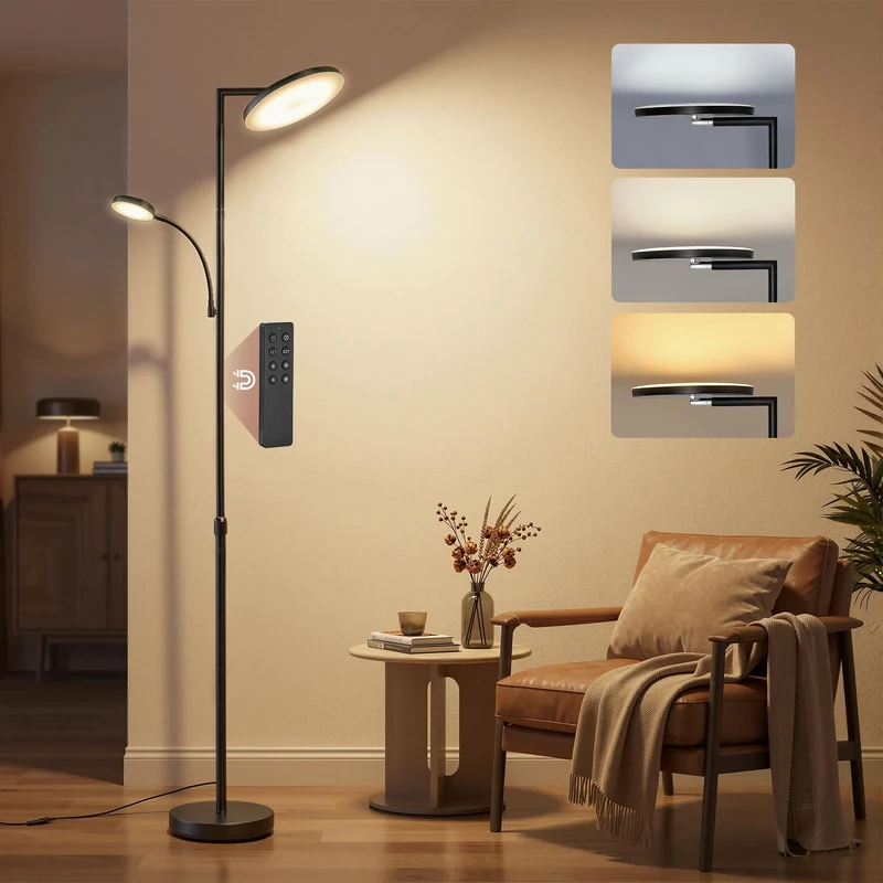 VASAGLE Adjustable LED Floor Lamp, 42W Standing Lamp with Rotatable Head for Bedroom, Office, Timer and Memory Function, Button and Remote Control, Matte Black LFL028BD03