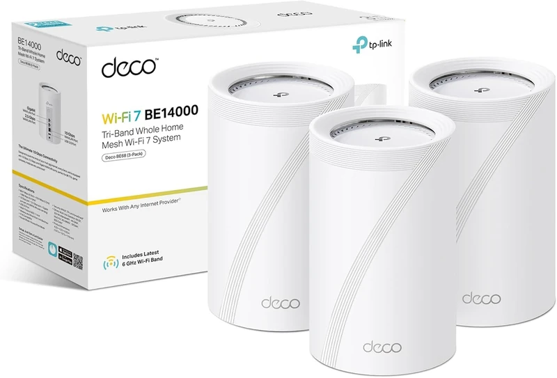 2026 Newest TP-Link Deco BE68(3-pack) BE14000 Tri Band Mesh 7 Router,AI Roaming Router,Mesh System,MLO,Gigabit Ports,Extender Booster,VPN Encryption Booster,APP Control,Google Home,Alexa