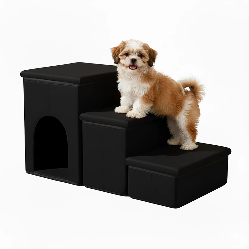 Relaxdays dog stairs with cave, storage, foldable 3-step ramp for beds and sofas, 43x75x33 cm black