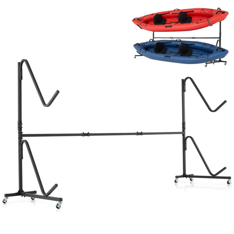SPOTRAVEL Double Kayak Storage Rack, Free Standing Kayak Stand Carrier with Hooks, Indoor Outdoor Heavy Duty Storage Rack System for SUP Canoe Paddleboard (244 x 67 x 125 cm, with Wheels)