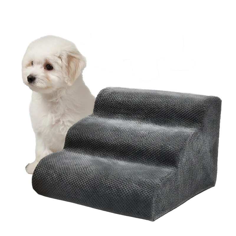Relaxdays Dog Stairs, 3 Steps, H x W x D: 35 x 35 x 56 cm, Non-Slip Fabric Cover, Pet Stairs Bed & Sofa, Dark Grey
