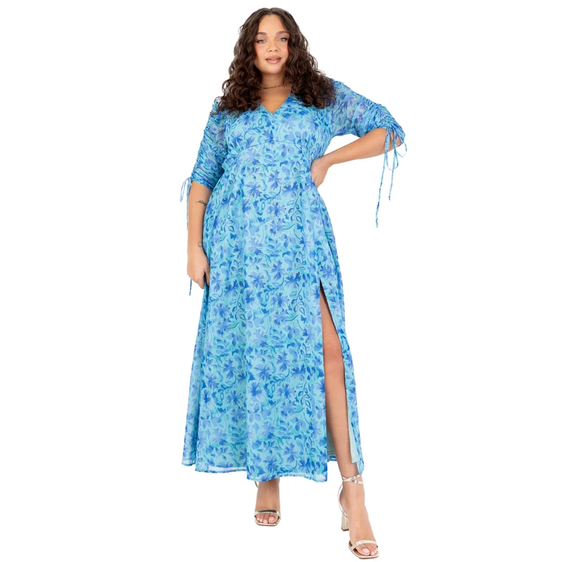 Lovedrobe Women’s Floral Maxi Dress V-Neck A-Line Summer Party Dress with Gathered Drawstring Sleeves, High Waist, Side Split – Wedding Guest & Holiday Outfit Size 16 Blue