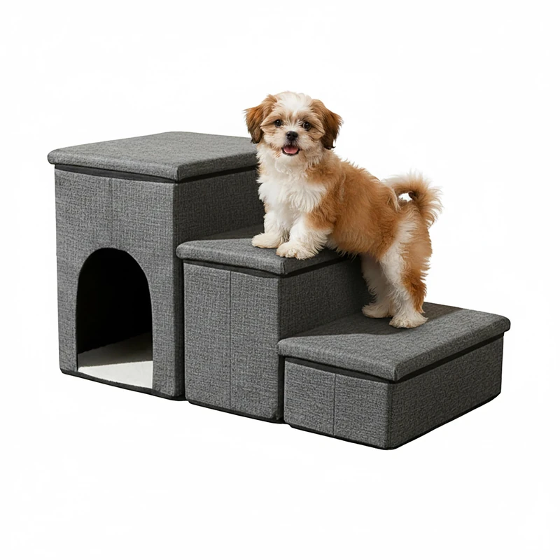Relaxdays Dog Stairs with Cave & Storage, Foldable Ramp for Bed & Sofa, 43x75x33 cm, Dark Grey
