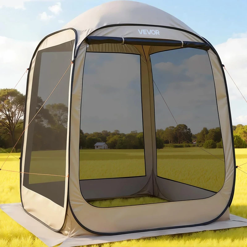 VEVOR Camping Tent, 183 x 183 x 220 cm, Party Tent for 4-6 People, Pop Up Tent with Carry Bag, Net Sidewalls and Pegs for Garden, Patio and Outdoor Activities, Beige