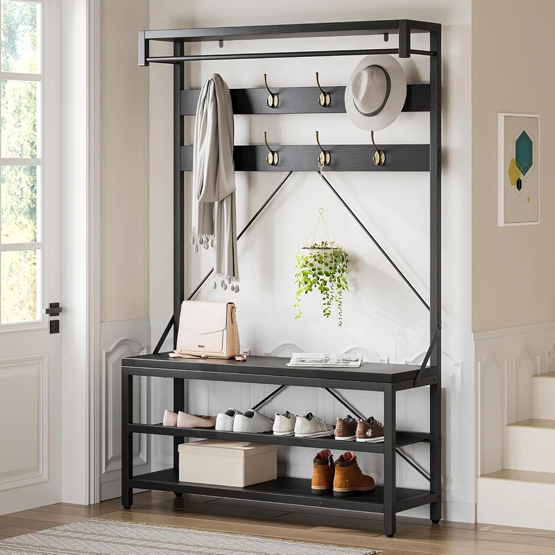 GarveeHome Coat Rack, 183cm Coat Stand, Industrial Freestanding Hall Tree with 8 Hooks & Bench & Shoe Storage, Metal Frame Clothes Rack for Hallway Living Room Bedroom 40 x 101.5 x 183cm