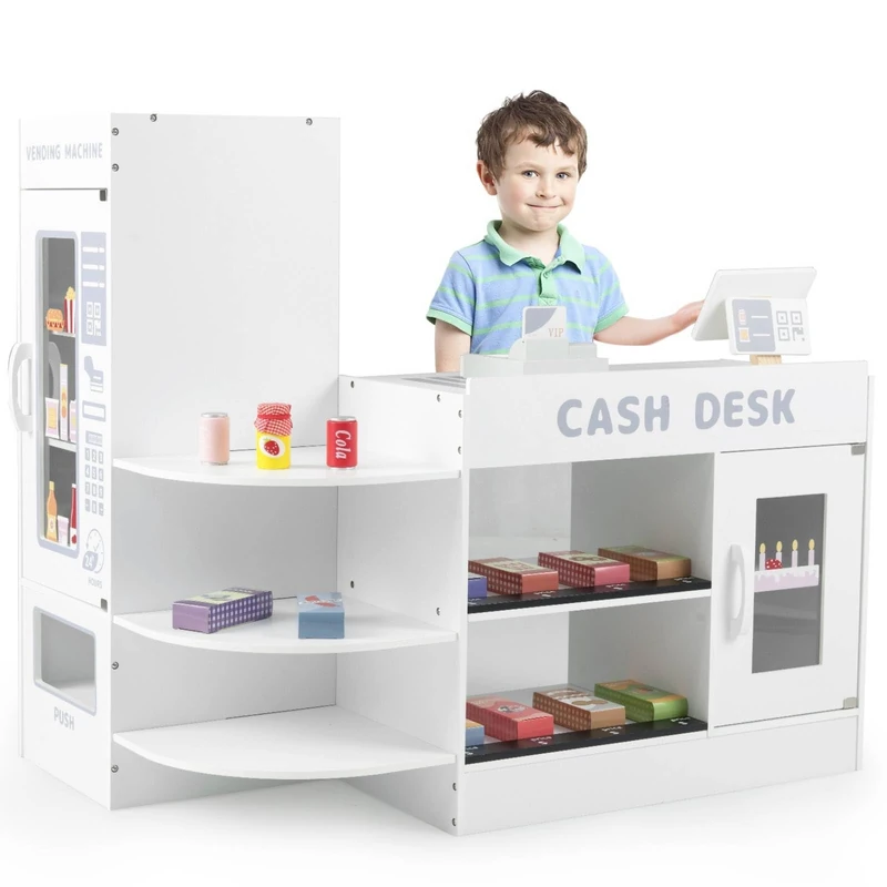 GYMAX Kids Grocery Store, Wooden Market Play Shop with Checkout Counter, POS Machine, Vending Machine & 13 Play Food, Children Supermarket Playset for 3-8 Year Old Girls Boys (White)